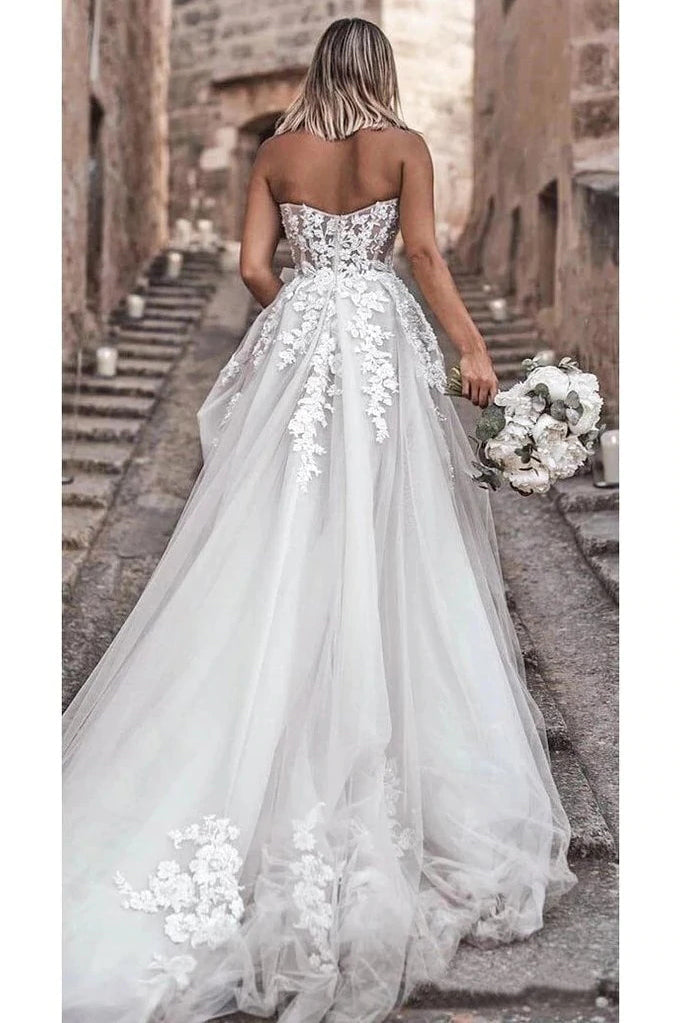 A Line Strapless Lace Wedding Dresses,Long Tulle Beach Bridal Gown With Appliques WLD0042