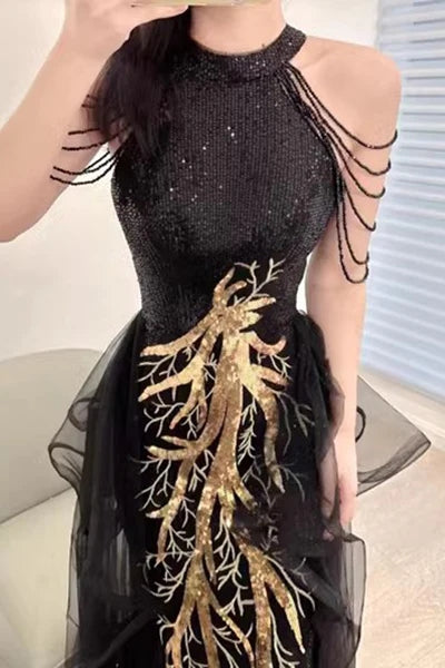 Black Sleeveless Sequined Long Prom Dress With Ruffles, Mermaid Party Gown CHP0344