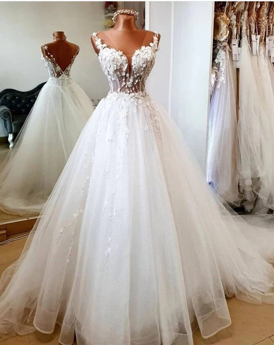 Charming A-Line V Neck Tulle Bridal Dresses, Wedding Dress With Applique WLD0165