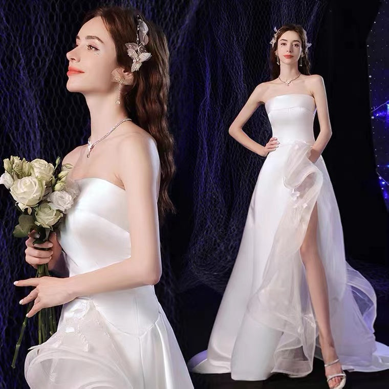 A Line Strapless Sleeveless Satin Bridal Gowns With Sweep Train,Wedding Dresses WLD0023