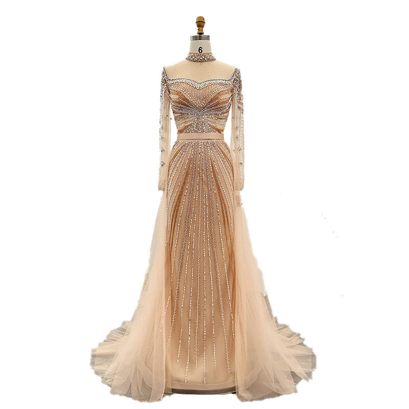 A Line Sheer Neck Long Prom Dress With Beading, Long Sleeves Evening Dress WLD0273
