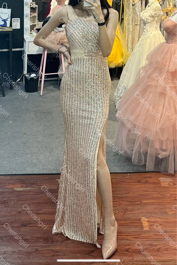 Sparkly One-Shoulder Sequin Long Prom Dress, Slit Evening Dresses CHP0412