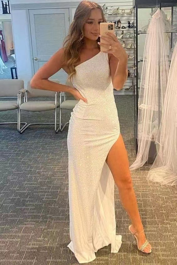 Glitter Floor-Length One Shoulder White Slit Fitted Party Dress,Shiny Sleeveless Prom Dress WLD0094
