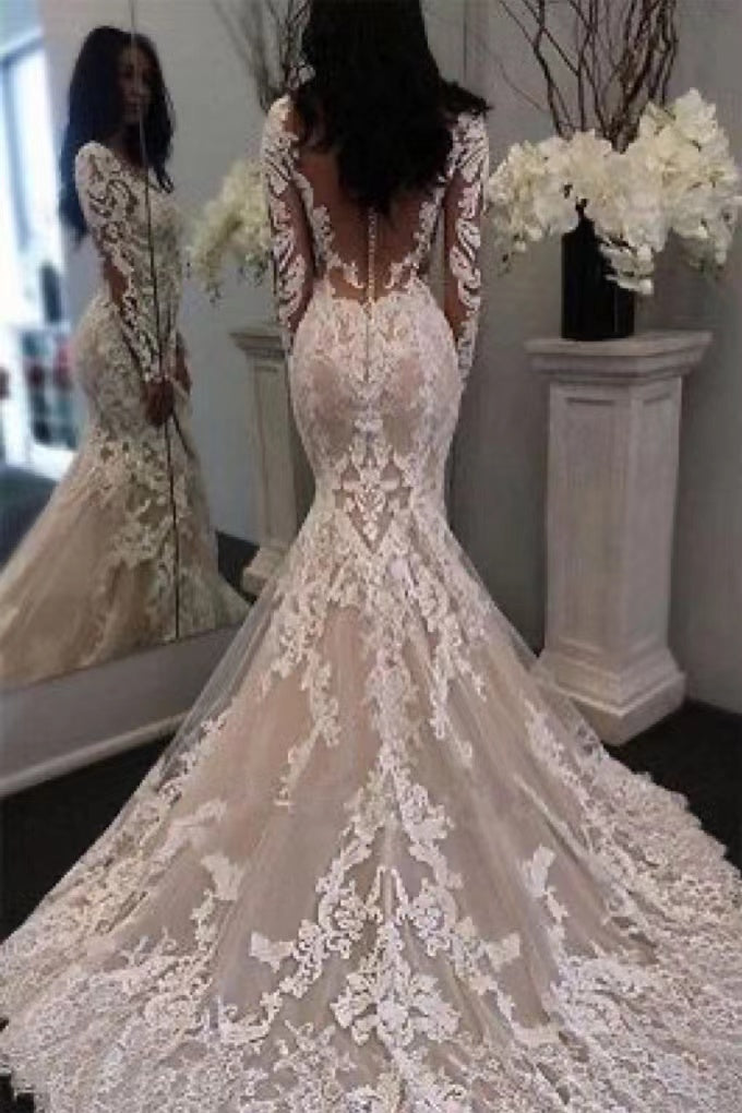 New Arrival Mermaid Long Sleeves See Through Back Sweetheart Long Lace Wedding Dresses, Bridal Gown WLD0161