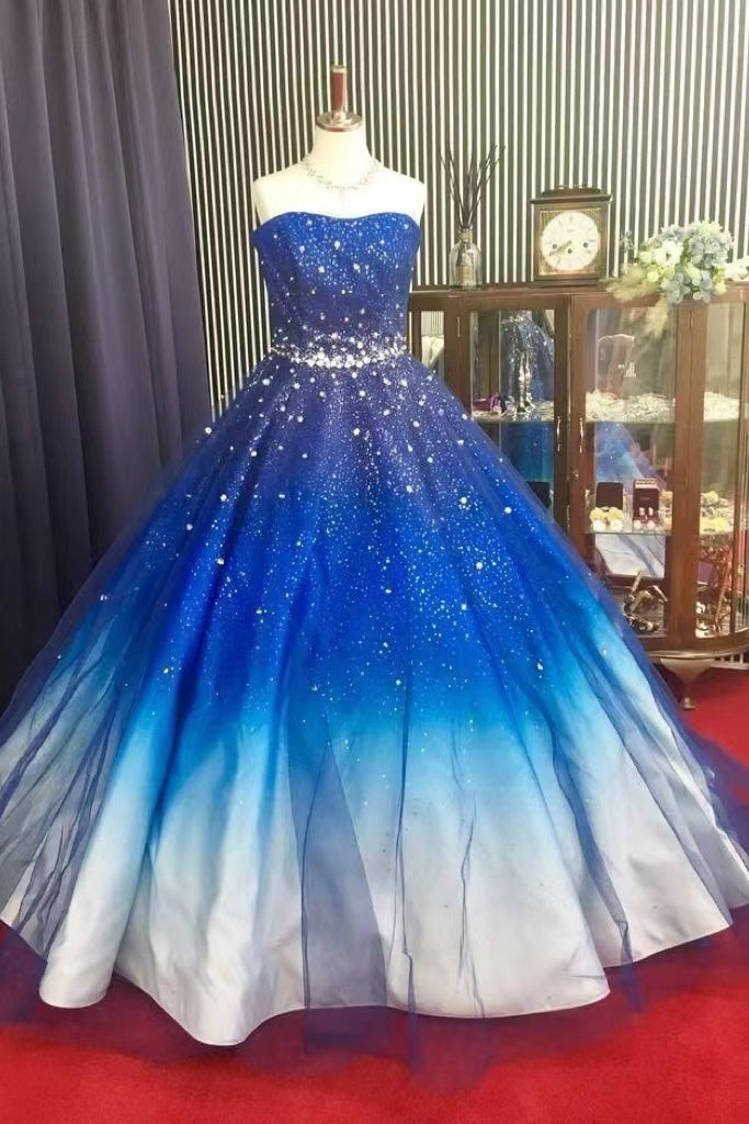 Princess Blue Strapless Lace up Prom Dresses With Beading, Formal Gown WLD0215