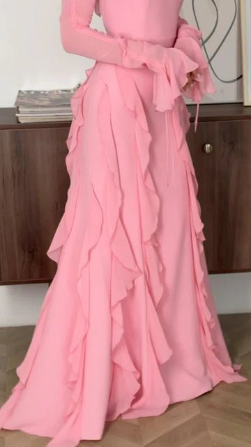 Pink Mermaid Long Sleeves Prom Dress With Ruffles, Long Evening Dresses CHP0413