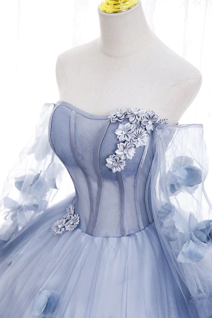 Off The Shoulder Blue Tulle Prom Dress With Flowers, Princess Quinceanera WLD0254