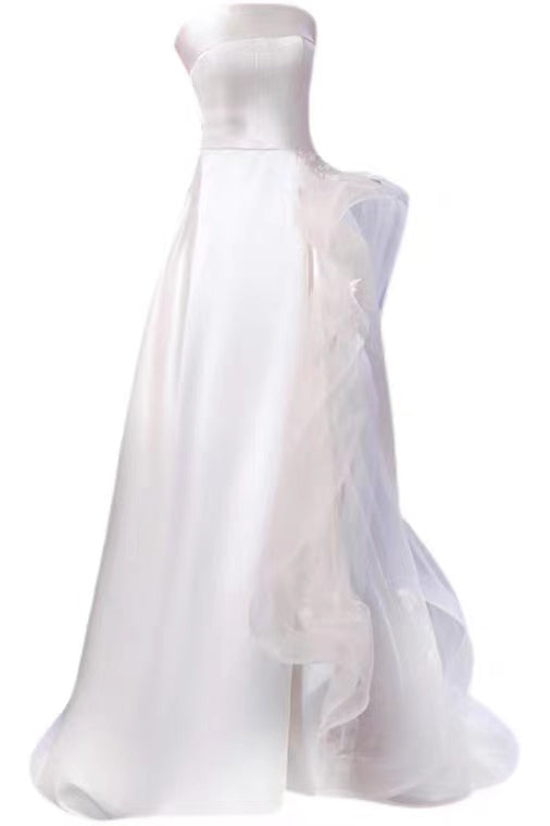 A Line Strapless Sleeveless Satin Bridal Gowns With Sweep Train,Wedding Dresses WLD0023