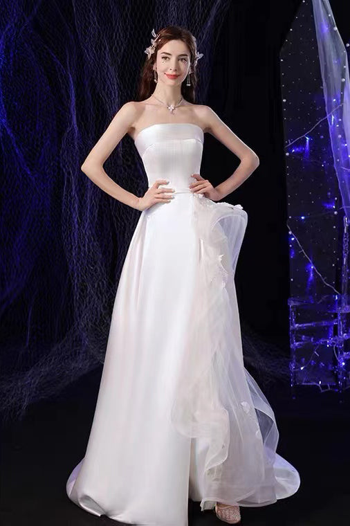 A Line Strapless Sleeveless Satin Bridal Gowns With Sweep Train,Wedding Dresses WLD0023
