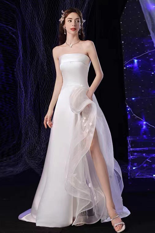 A Line Strapless Sleeveless Satin Bridal Gowns With Sweep Train,Wedding Dresses WLD0023