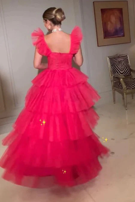 A-Line Pink Tulle Long Prom Dress With Layers, Long Evening Dress WLD0243