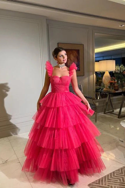 A-Line Pink Tulle Long Prom Dress With Layers, Long Evening Dress WLD0243