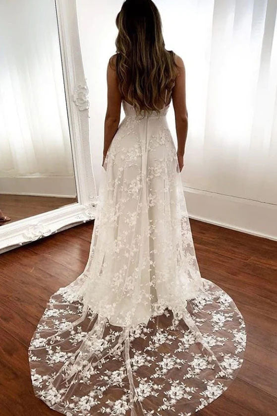 A Line Spaghetti Straps V Neck Long Lace Wedding Dresses with High Slit WLD0140