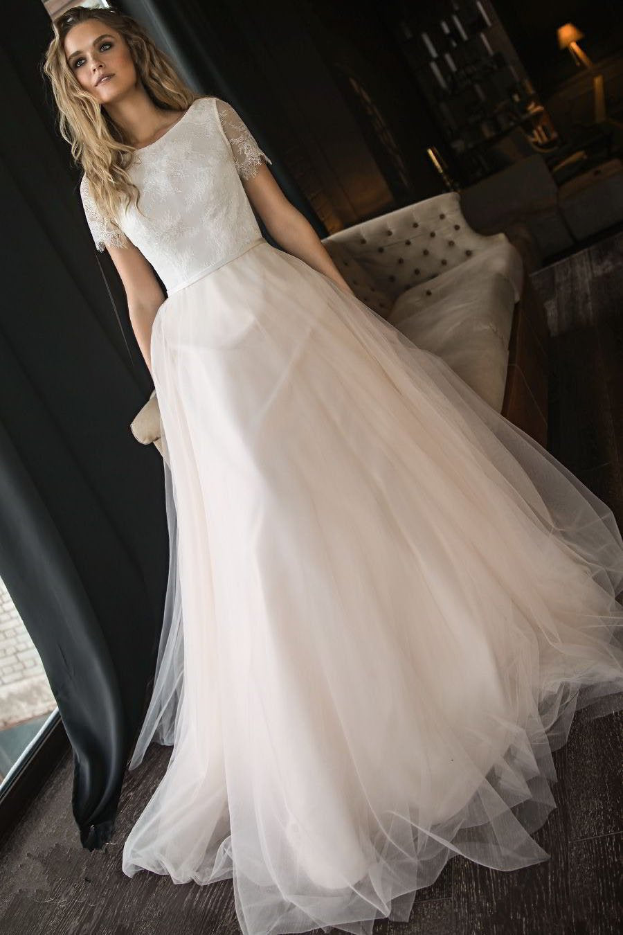 A Line Tulle Wedding Dress with Short Sleeves, Elegant Beach Wedding Dress with Lace WLD2379