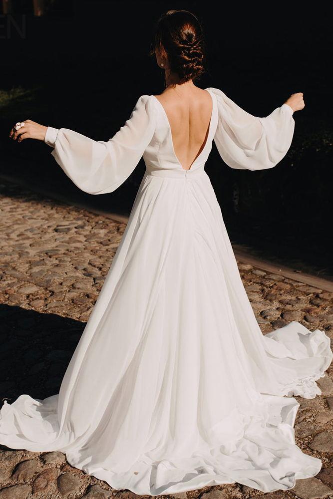Simple Chiffon V Back Wedding Gown, Aesthetic Long Puffy Sleeves Beach Wedding Dress WLD0127