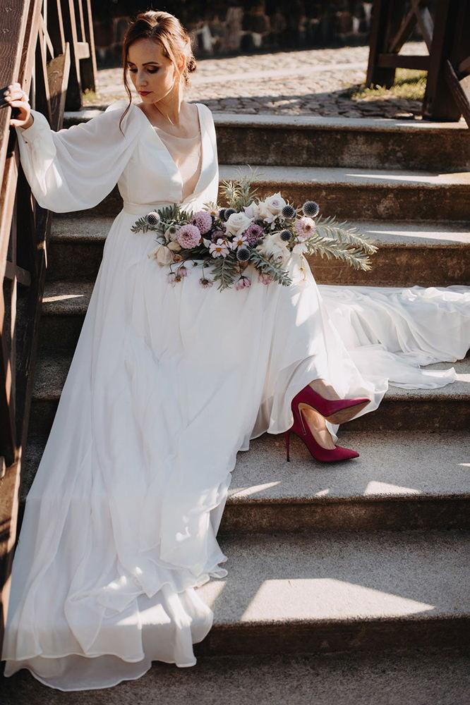 Simple Chiffon V Back Wedding Gown, Aesthetic Long Puffy Sleeves Beach Wedding Dress WLD0127
