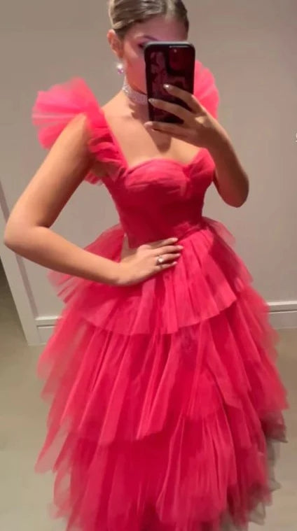 A-Line Pink Tulle Long Prom Dress With Layers, Long Evening Dress WLD0243