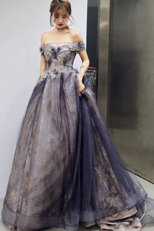 A Line Tulle Of the Shoulder Prom Dresses With Flowers Long Formal Gown CHP0049