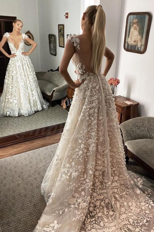 Stylish V Neck Tulle Cap Sleeves Appliques Long Prom Dress, Party Dress CHW0005