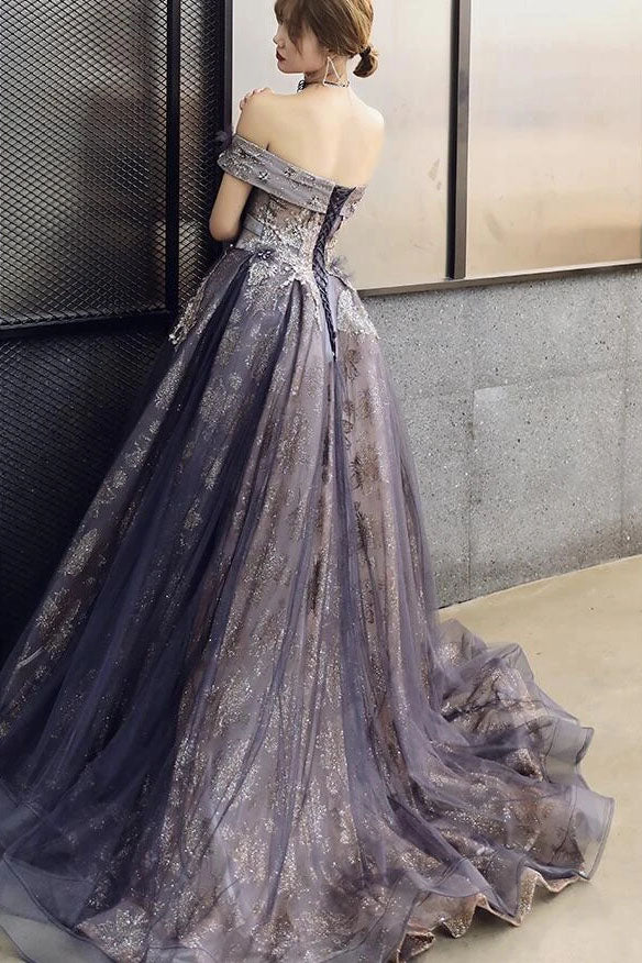 A Line Tulle Of the Shoulder Prom Dresses With Flowers Long Formal Gown CHP0049