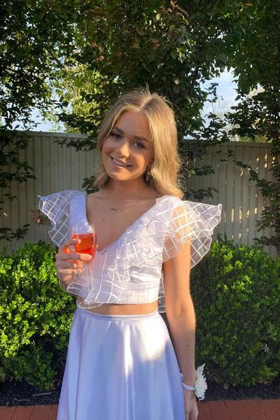 Two Piece Hi-Lo V-neck Puffy Sleeves Prom Dress, Cute Dress CHP0339