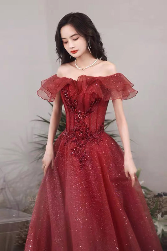 Off The Shoulder Purple Tulle Prom Dress, A line Evening Dress With Applique WLD0255