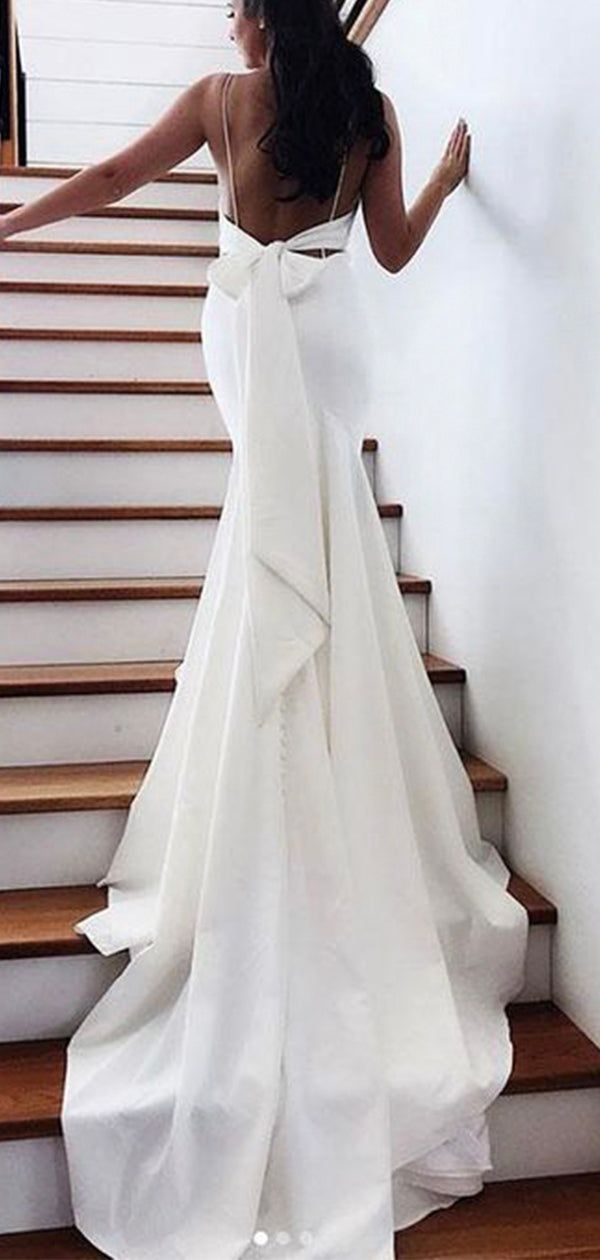 Mermaid Spaghetti Straps Beach Wedding Dresses With Bowknot, Bridal Gown WLD0156