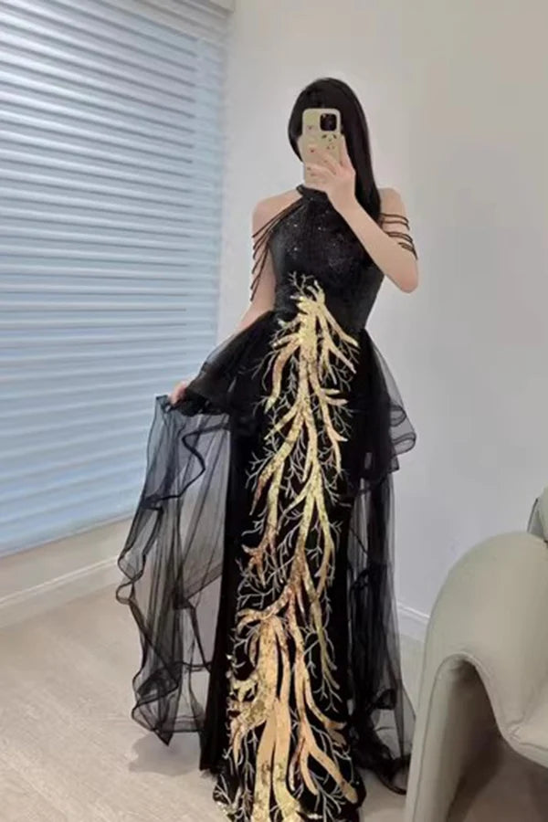 Black Sleeveless Sequined Long Prom Dress With Ruffles, Mermaid Party Gown CHP0344