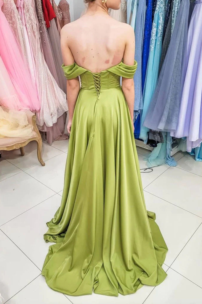 Simple Clover A-Line Satin Off the Shoulder Evening Dresses Long Prom Dresses WLD0263