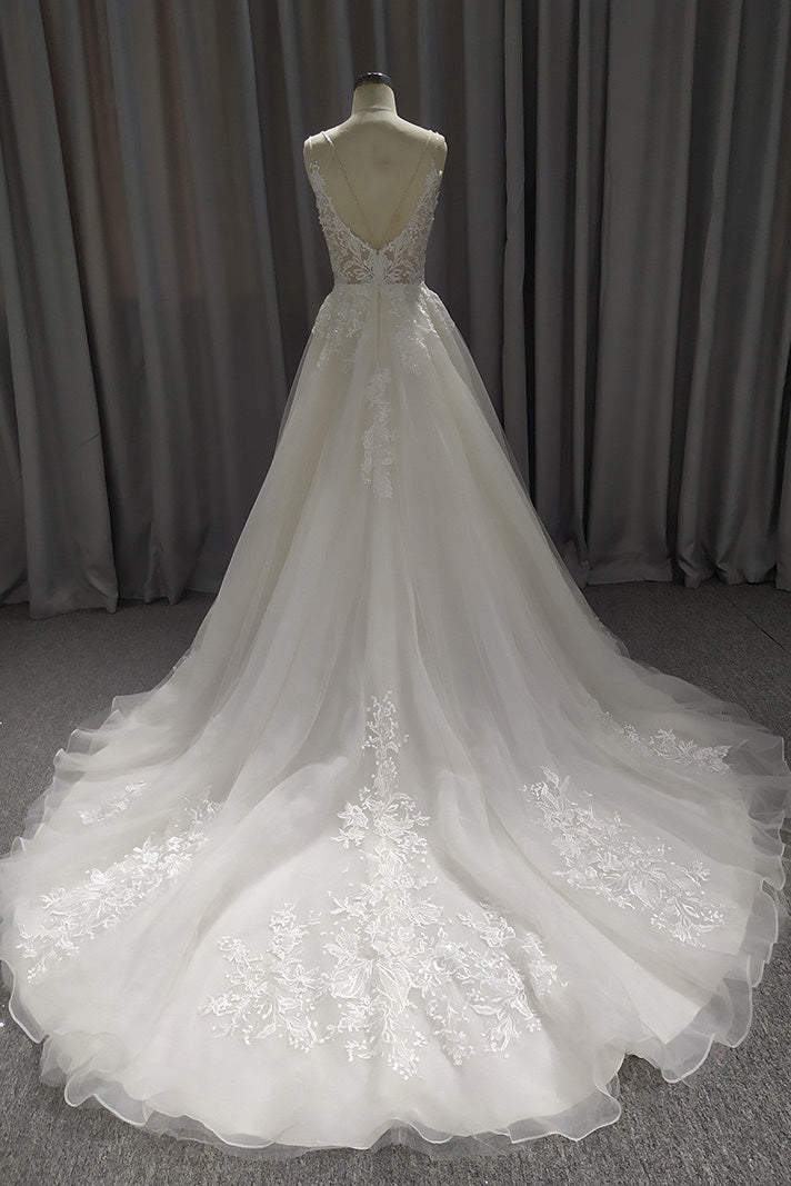 A Line Spaghetti Straps Wedding Dress With Applique, Simple V Neck Bridal Gown WLD0177