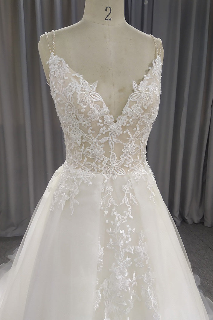 A Line Spaghetti Straps Wedding Dress With Applique, Simple V Neck Bridal Gown WLD0177