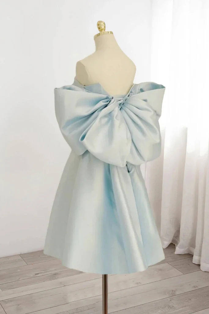 Light Blue Off The Shoulder Satin Homecoming Dress, A Line Short Formal Gown With Bowknot WLD0184