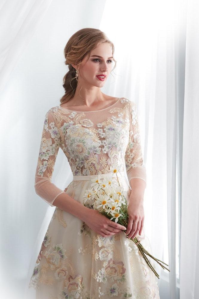 A Line Floor Length Floral Prom Dresses 3/4 Sleeves A-line Empire Waist Long Evening Gowns WLD2277