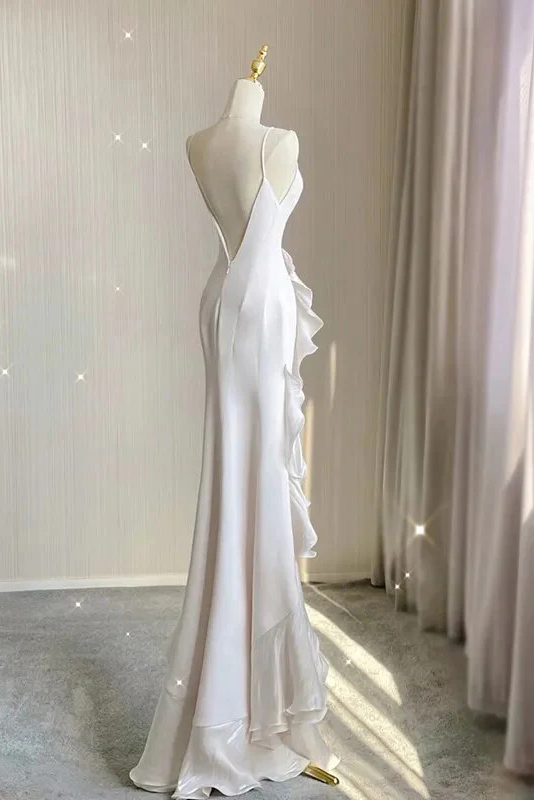 Simple Chiffon Sheath V Back Wedding Dress,Bridal Dresses With Ruffles WLD0166