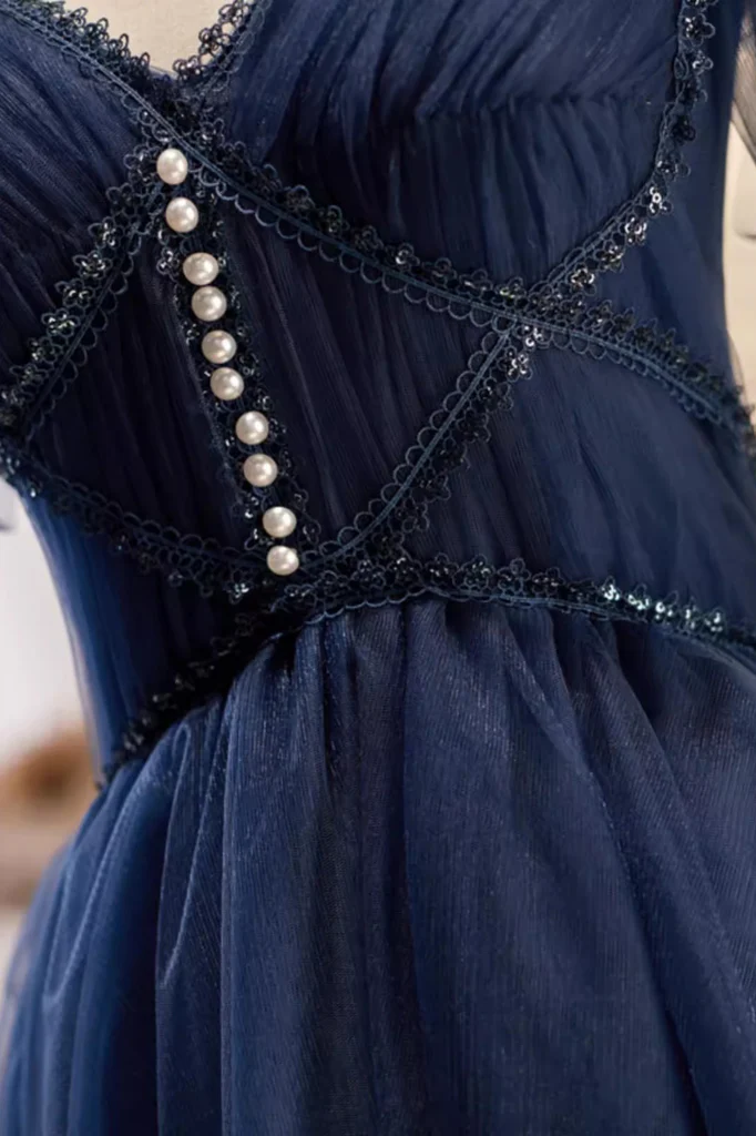 Dark Blue Spaghetti Straps Short Tulle Hoco Dress With Beading, Sweet 16 Dresses WLD0176