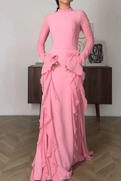Pink Mermaid Long Sleeves Prom Dress With Ruffles, Long Evening Dresses CHP0413