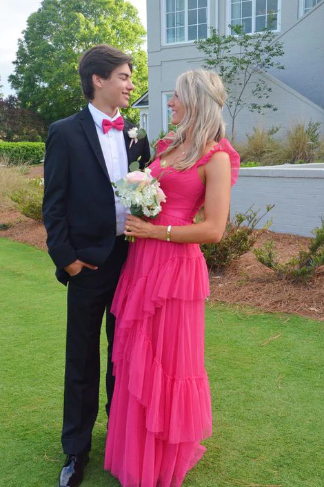 A-Line Pink Tulle Straps Long Prom Dresses, Floor Length Formal Gown WLD0252