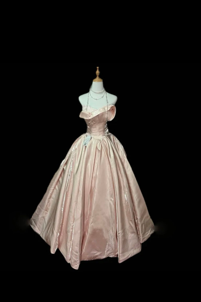 Glitter A-Line Pink Satin Long Prom Dress, Formal Dress With Lace CHP0401
