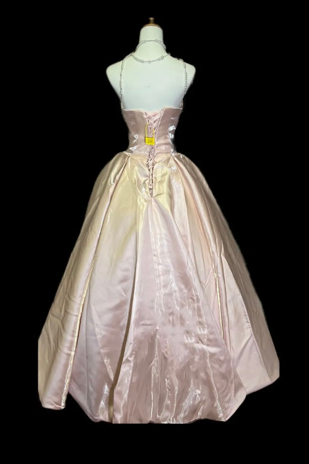 Glitter A-Line Pink Satin Long Prom Dress, Formal Dress With Lace CHP0401