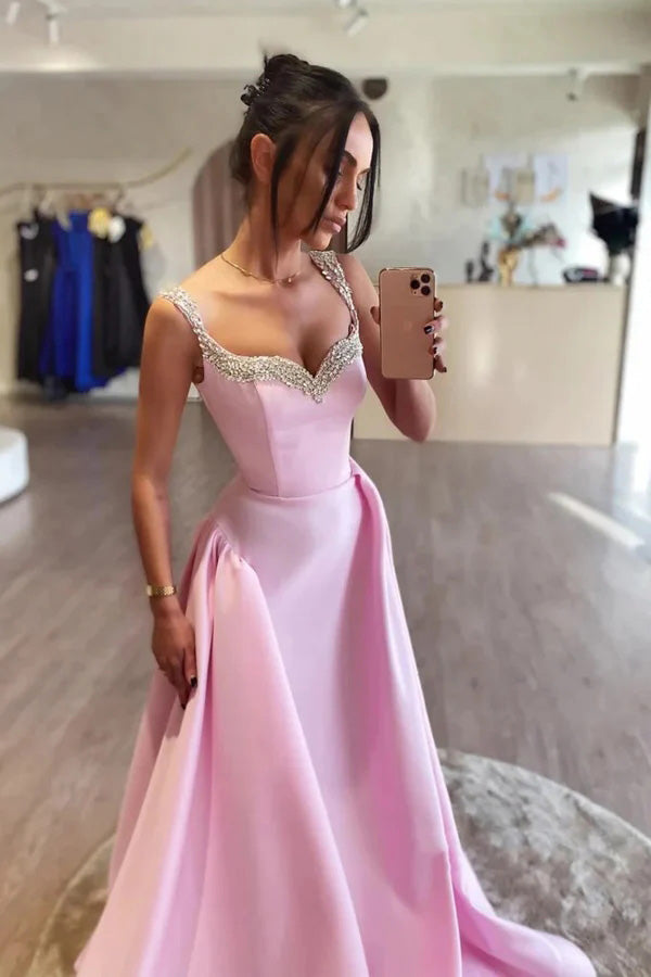 Simple A Line Pink Satin Long Prom Dresses with Beadings, Formal Party Gown WLD0373