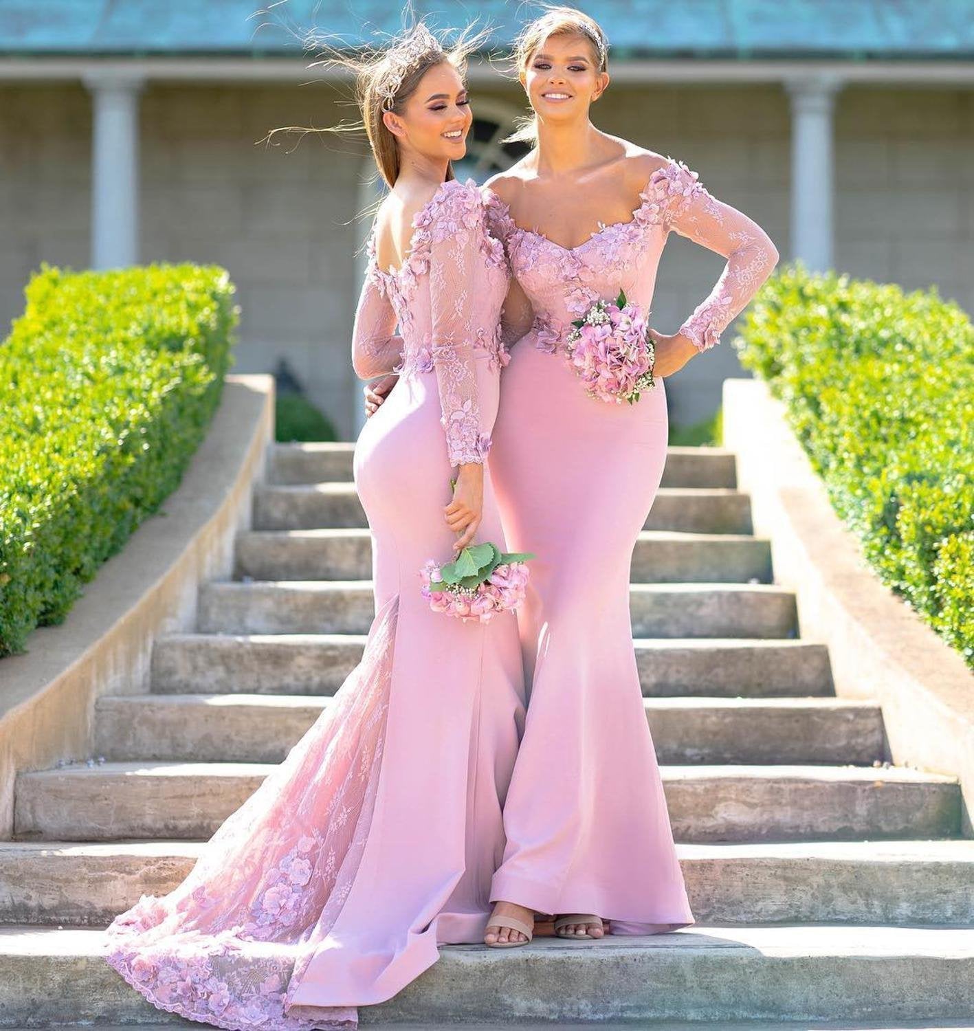 Pink Mermaid Applique Off-the-Shoulder Long Sleeves Floor-Length Bridesmaid Dresses WLD2481
