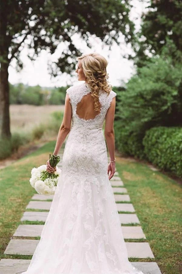 Simple Lace Appliques Mermaid Beach Wedding Dress, Bridal Gown WLD0121