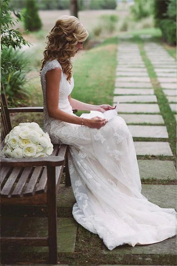 Simple Lace Appliques Mermaid Beach Wedding Dress, Bridal Gown WLD0121