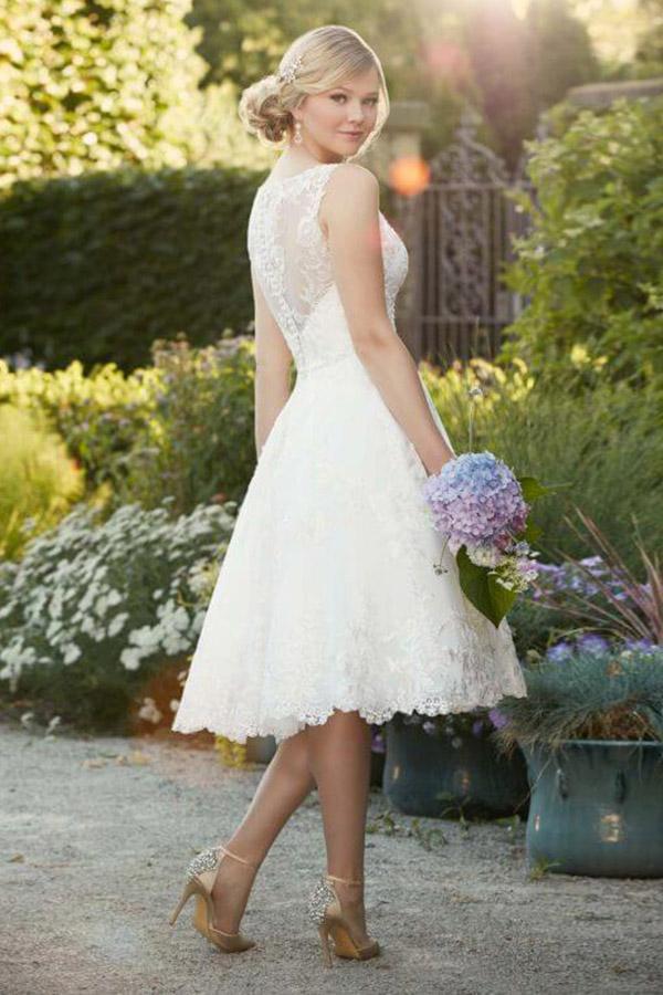 A Line Sleeveless Knee Length Lace Wedding Dress with Beading Waist WLD2078