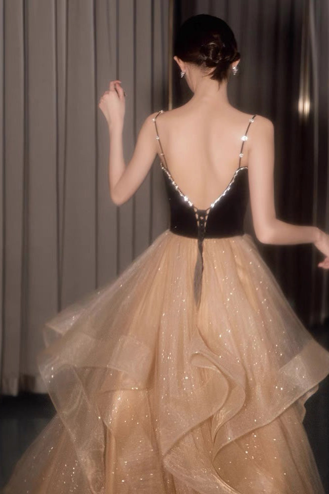 Shiny Spaghetti Straps V-neck Prom Dress, A line Evening Dress With Layers WLD0256