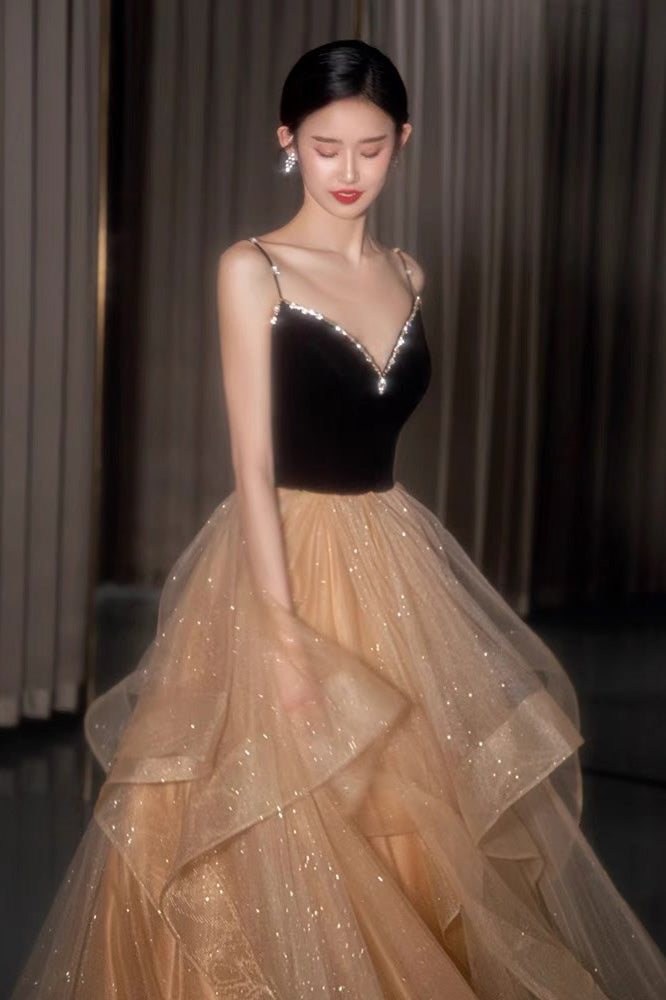 Shiny Spaghetti Straps V-neck Prom Dress, A line Evening Dress With Layers WLD0256