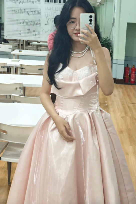 Glitter A-Line Pink Satin Long Prom Dress, Formal Dress With Lace CHP0401