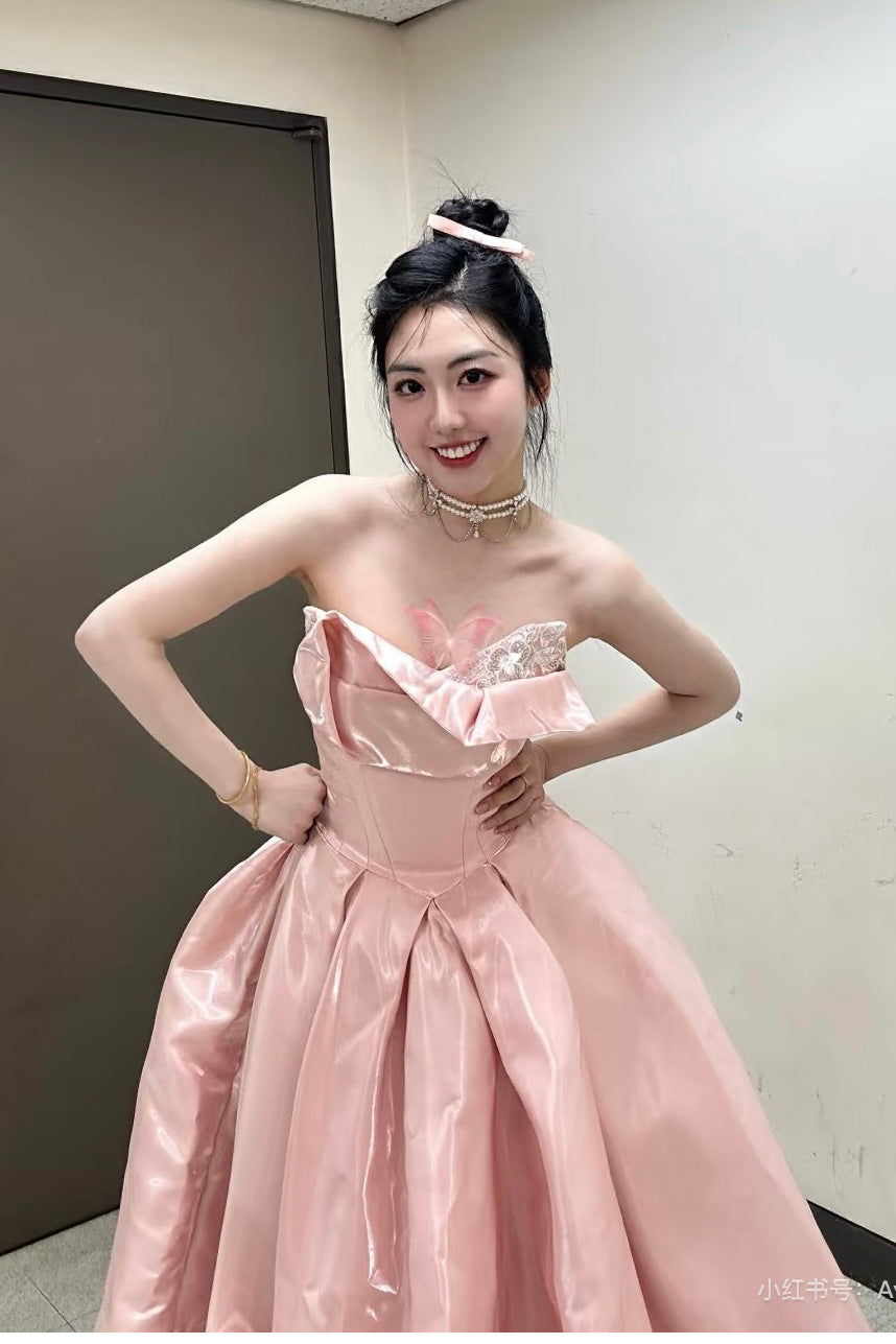 Glitter A-Line Pink Satin Long Prom Dress, Formal Dress With Lace CHP0401