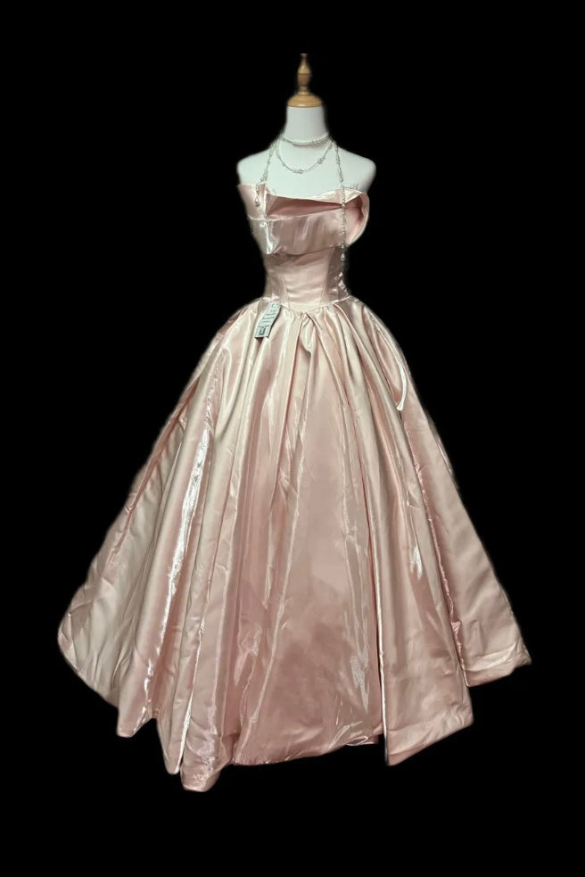 Glitter A-Line Pink Satin Long Prom Dress, Formal Dress With Lace CHP0401