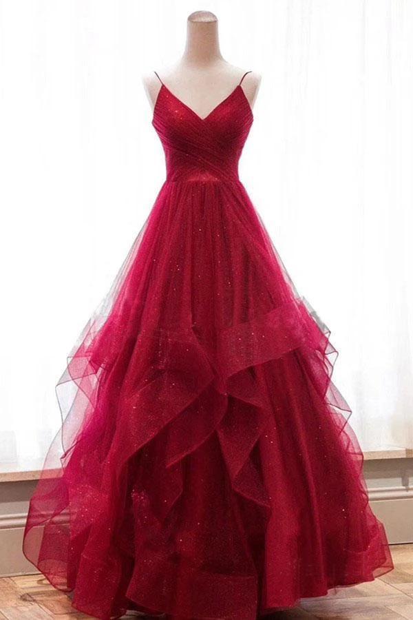 Red Spaghetti Straps V Neck Asymmetrical Prom Dress, Backless Sparkly Long Formal Dress WLD2613